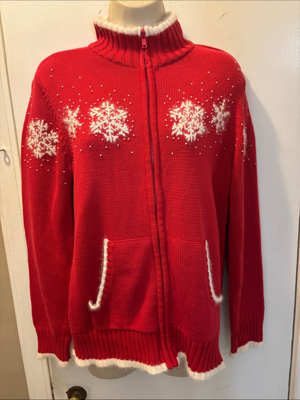 Quacker Factory XS angora  Snowflakes beaded Zip-Up  Sweater 26-390